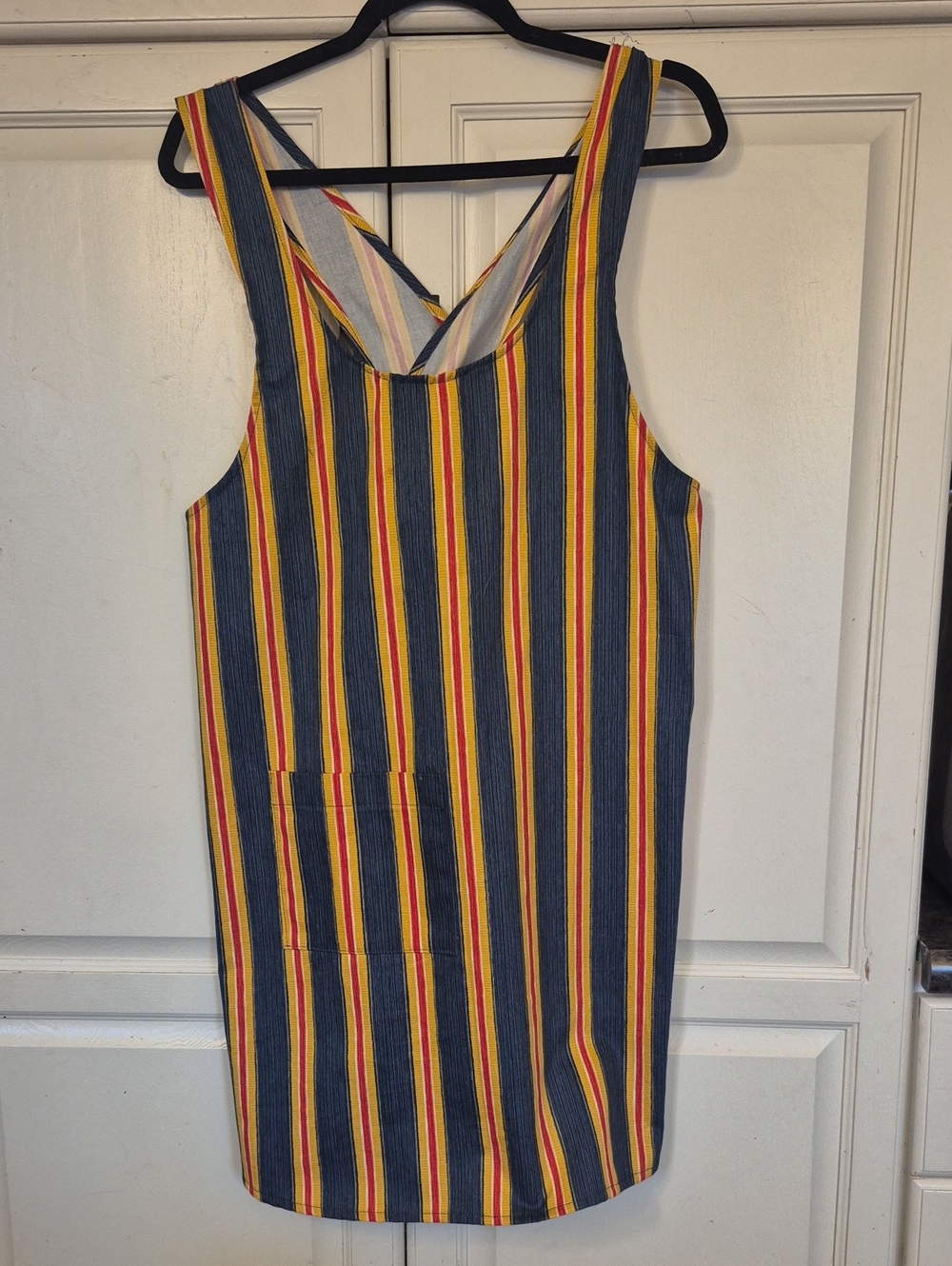 Handmade Striped Yellow and Blue Kitchen Wrap-Around Apron with Front Pocket